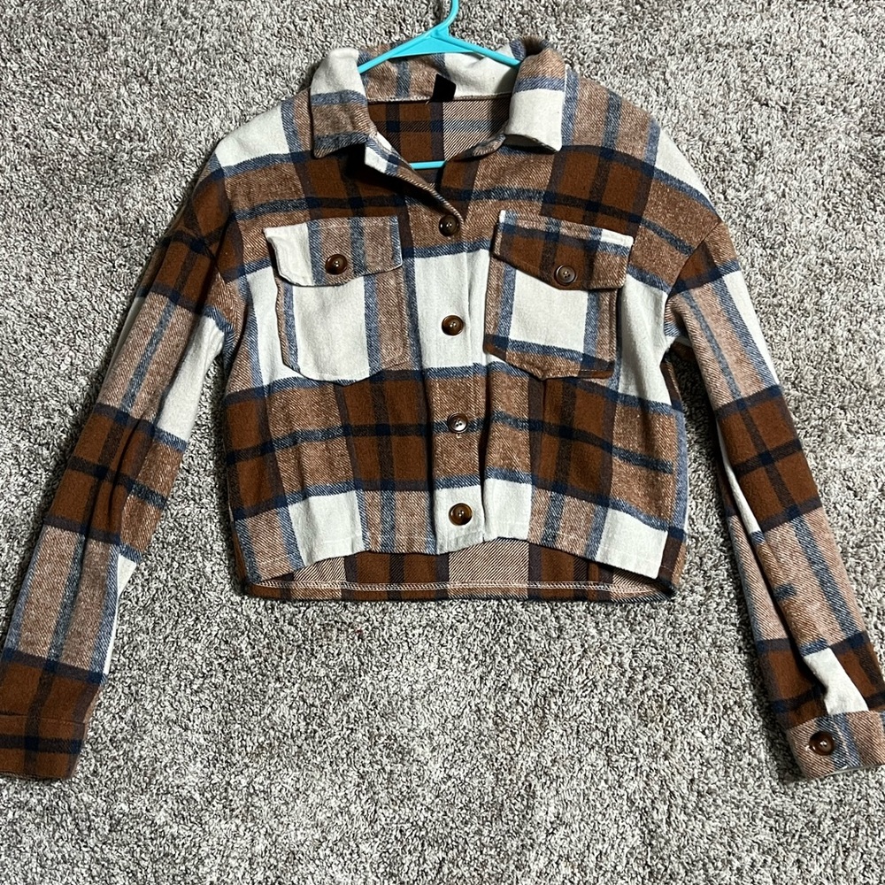 Brown and Cream Plaid Flannel Jacket